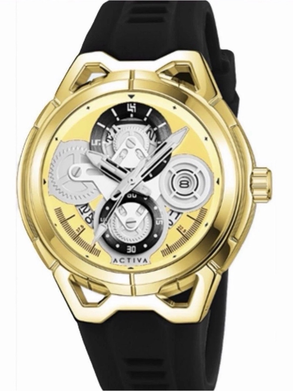 Activa Gold Case Black Strap Mechanical-Style Sport Watch
